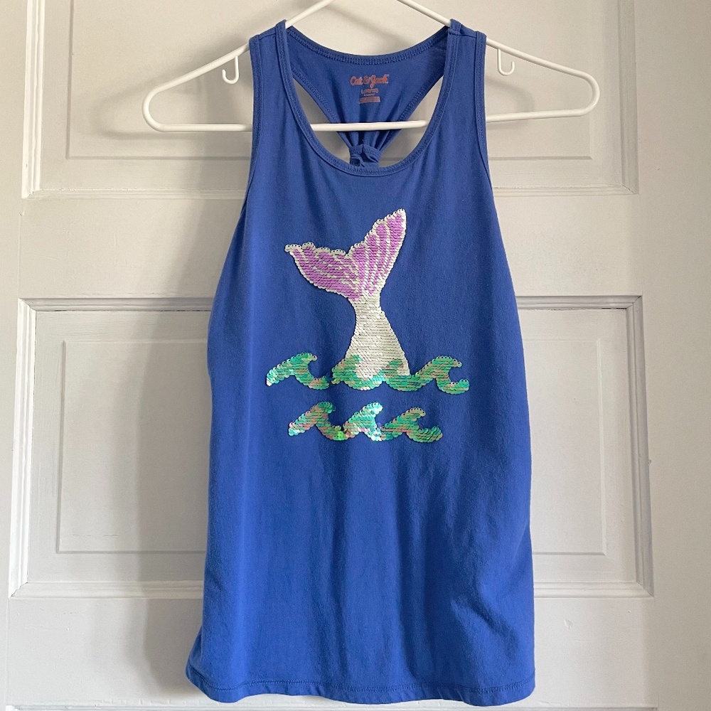Flip sequin mermaid tail waves racer back blue purple silver teal tank top